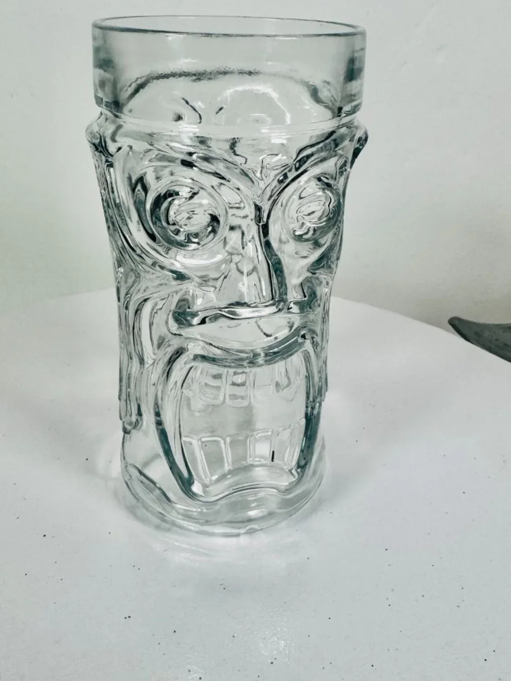 Anchor Hocking 16 oz Clear Glass Screaming Tiki Tropical Vtg Tribal God